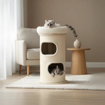 PetRhein Bamboo Tower L Kratztonne aus Bambus und Sisal mit zwei Kuschelhöhlen und Aussichtsplattform, Höhe: 89 cm, Durchmesser: 48 cm - Bild 2