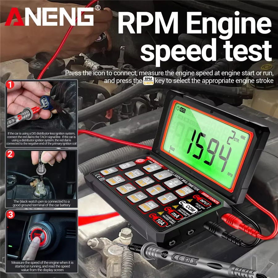 ANENG 623 Digitales Auto-Multimeter in Schwarz für Motordrehzahl, AC/DC Spannung, Strom, Widerstand und Kapazität - Bild 2