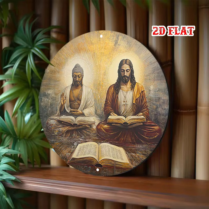 CIFBUY Aluminium-Wandkunst Jesus Buddha Lesend Metallschild Vintage Spirituelle Dekoration, B/H: 20 x 20 cm, Mehrfarbig - Bild 3