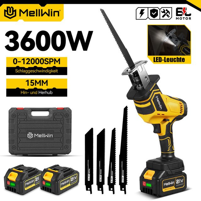 MELLWIN Bürstenlose elektrische Säbelsäge 3600W mit 12000SPM, kabelloses Multifunktions-Schneidewerkzeug für Metall und Holz, kompatibel mit Makita 18V LXT Akku, Gelb - Bild 1