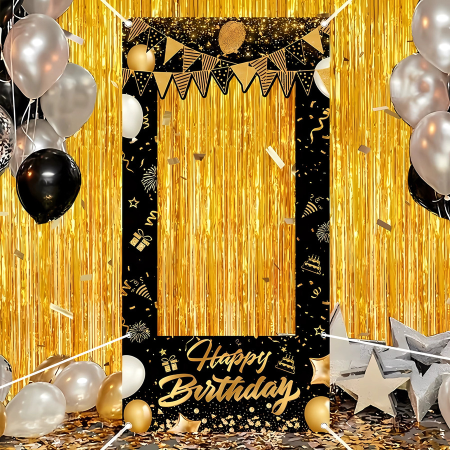 AFYPRTY Fotobox-Rahmen Happy Birthday in Schwarz-Gold, Rechteckiges Foto-Hintergrund-Banner aus Polyester für deine Geburtstagsparty, Breite: 120 cm, Höhe: 60 cm - Bild 2