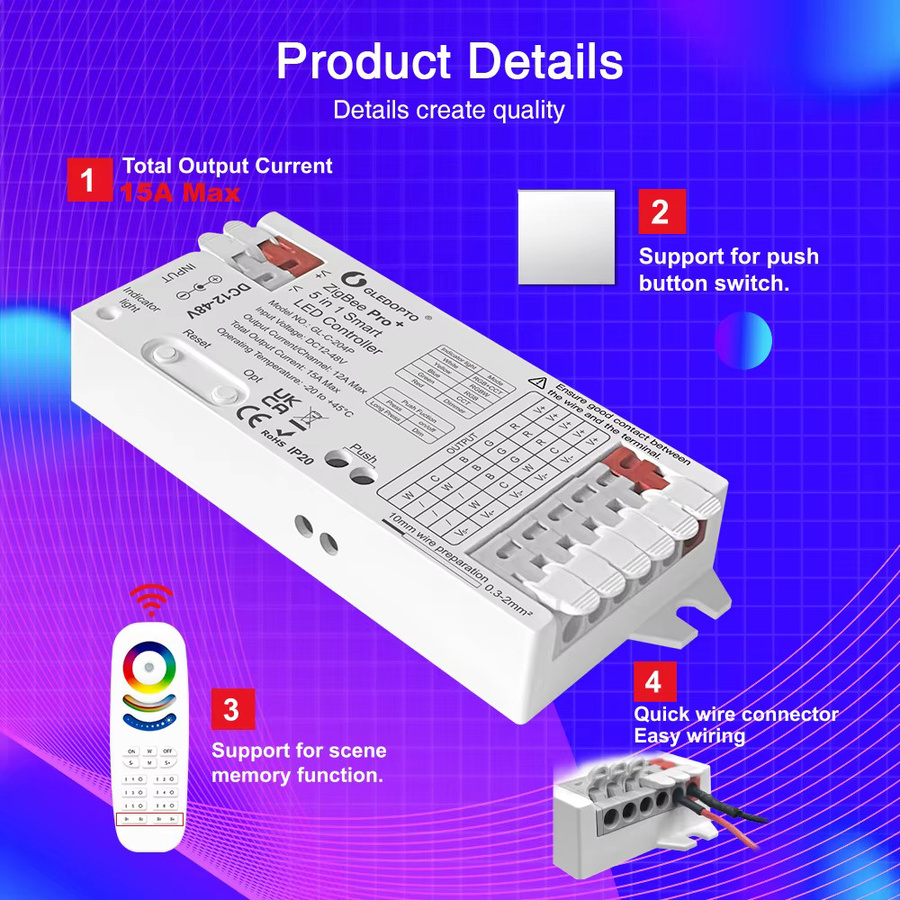 GLEDOPTO ZigBee 3.0 Pro LED-Controller DC 12-48 V mit 5-in-1 Modi für RGBCCT, RGBW, RGB, WW und CW Dimmen - Bild 3
