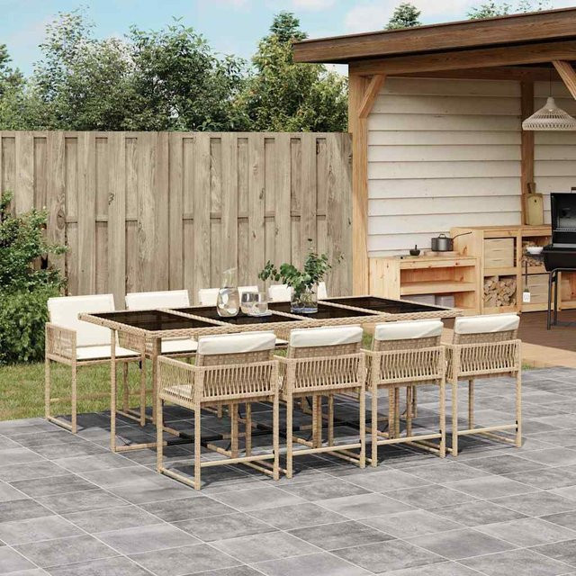 vidaXL 9-tlg Garten-Essgruppe aus Poly-Rattan mit Kissen und Hartglastisch in Beige - Bild 2