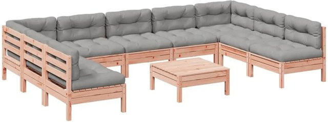 vidaXL 10-tlg. Garten-Sofagarnitur aus Massivholz Douglasie in L-Form mit Kissen, Farbe: Braun/Grau - Bild 1