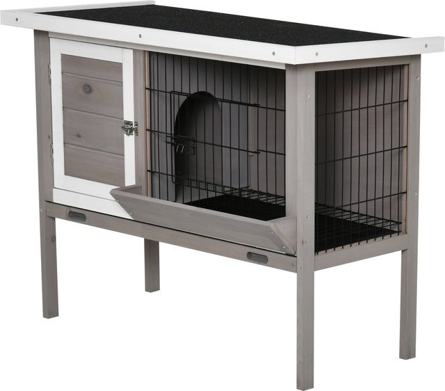 PawHut Hasenkäfig aus Holz für Kaninchen und kleine Tiere von Aosom, Außenkäfig mit Asphaltdach und Futternapf in Grau, B/T/H: 91 x 46 x 71 cm - Bild 1