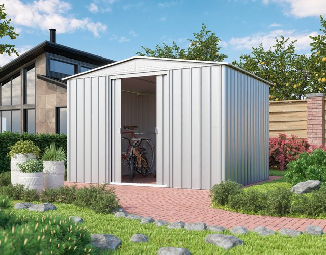 Globel Industries Gerätehaus Gartenmanager Dream 108 in Silber Metallic mit Schiebetüren und gestanzten Lüftungsschlitzen aus Stahlblech, 7,61 m² - Bild 1