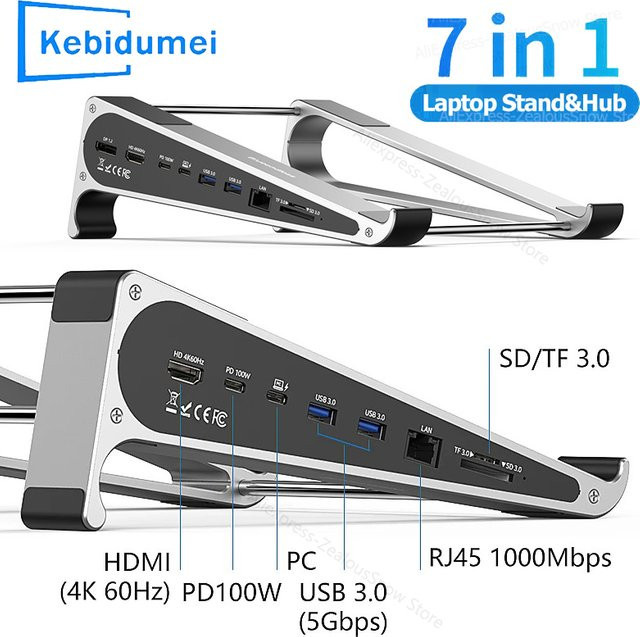 KEBIDUMEI Aluminium-Laptopständer mit 7-in-1 Dockingstation inklusive 4K 60Hz HDMI, SD/TF-Kartenleser, USB 3.0, PD-Ladegerät und RJ45 1000Mbps Ethernet/LAN - Bild 1