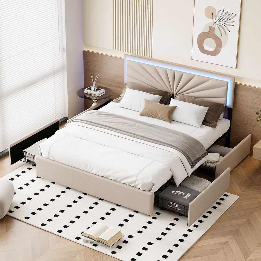 FEEOHOME Polsterbett Beige mit 4 Schubladen und Unterbettbeleuchtung, B/T: 160 x 200 cm - Bild 3
