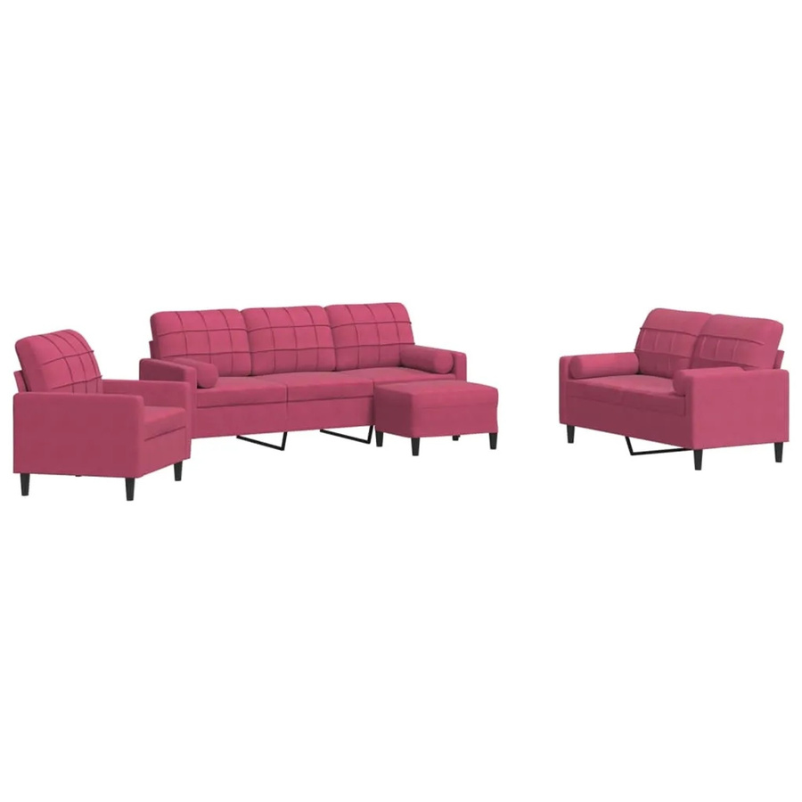vidaXL 4-teilige Sofagarnitur aus Samt in Weinrot mit 3-Sitzer-Sofa, 2-Sitzer-Sofa, Sessel, Fußhocker und Nackenkissen - Bild 2