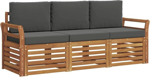 vidaXL Sofagarnitur 3-teilig aus Massivholz Akazie in Natur und Anthrazit mit Sitz- und Rückenkissen im modernen Latten-Design - Bild 1