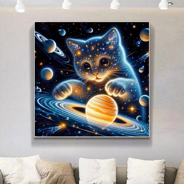 Potdemiel DIY Diamantmalerei Katze im Sternenuniversum mit Planeten als Mosaik-Strassbild für Anfänger - Bild 1