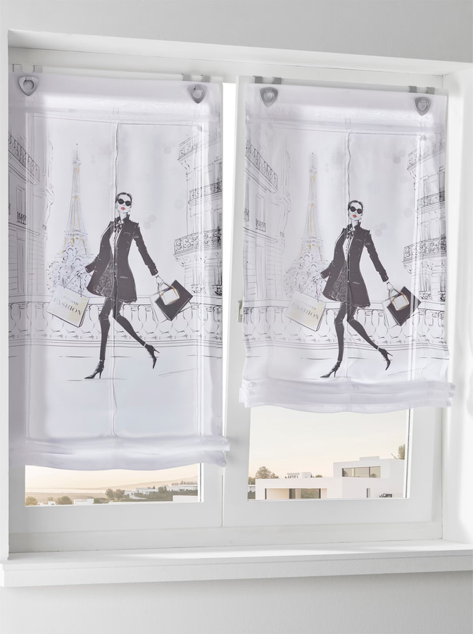 Raffrollo PARIS FASHION von heine home in Weiß-Schwarz mit transparentem Voile-Design und Graphic-Print - Bild 1