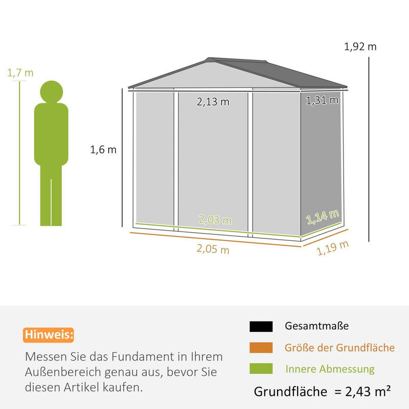 Outsunny Gartenhaus aus verzinktem Stahl mit Satteldach und abschließbarer Schiebetür, Grau, B/H/T: 213 x 131 x 192 cm - Bild 5