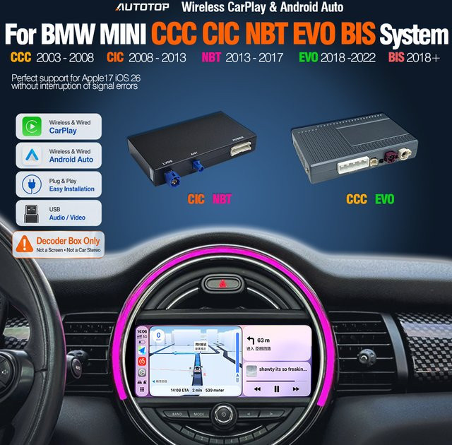 AUTOTOP CarPlay Android Auto Decoder Box für BMW Mini R55 R56 R57 R58 R59 R60 R61 F54 F55 Clubman Countryman Hardtop John CCC CIC NBT EVO BIS System, Schwarz - Bild 1