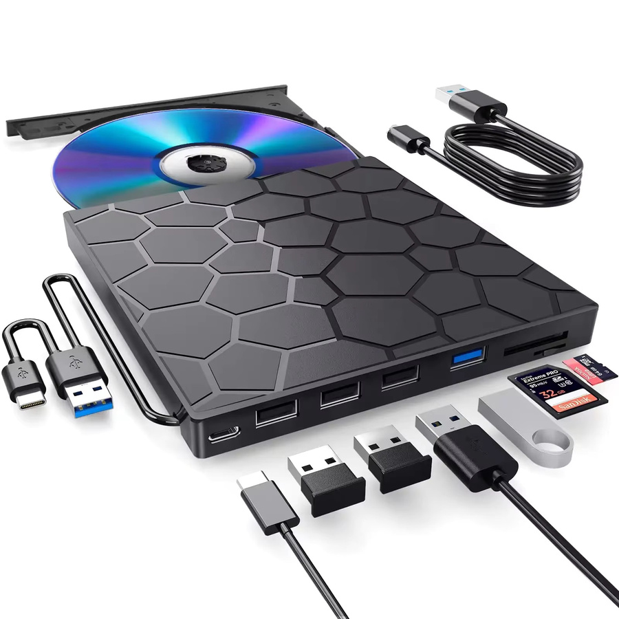 GGBEE 7-in-1 Externes DVD-Laufwerk mit USB-C und USB 3.0, Tragbarer CD-Brenner für Desktop, Mac, Windows und Linux, Schwarz - Bild 2