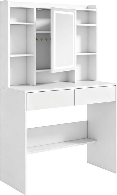 HOMCOM Schminktisch mit LED-Beleuchtung und Spiegel in Weiß, Frisiertisch mit 2 Schubladen, 6 offenen Fächern und 8 Haken für dein Schlafzimmer - Bild 1