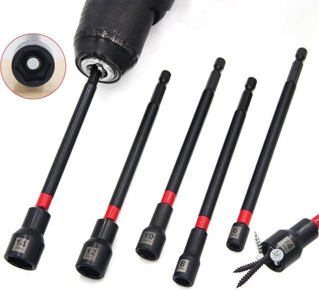 VIBRATITE 5er Set Magnetische Lange Muttertreiber 8-14mm für Schlagbohrmaschinen, Innensechskant Adapter mit langem Schaft, 6 Zoll - Bild 1