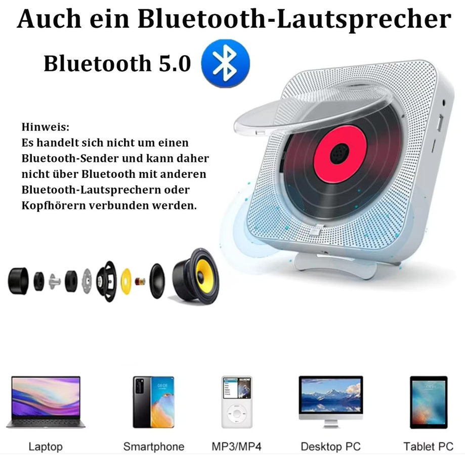 Bytelike CD Multimedia Player mit Bluetooth 5.0, FM-Radio, USB/TF-Anschluss und Timer-Schaltung, wiederaufladbar, in Pink oder Weiß - Bild 1