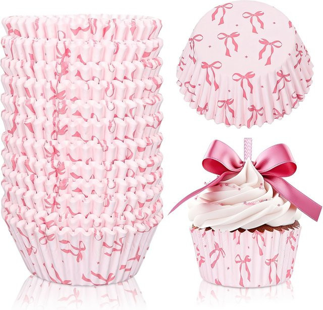 Rosa Schleifenförmige Papier-Cupcake-Halter mit Satinrändern für Hochzeiten, Geburtstage und Jubiläen - Bild 1
