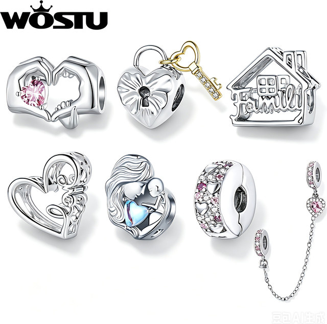 WOSTU Charm Schloss & Schlüssel Herz-Abstandsperle, Edelstahl, Silber, Zirkonia, Unisex - Bild 1