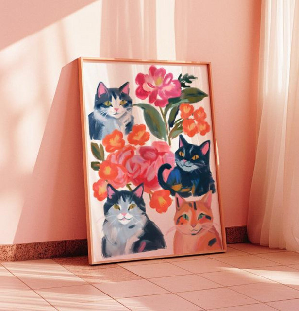 SHENCHEN Blumenkatzen Poster mit floralem Katzenmotiv in Mehrfarben - Bild 1