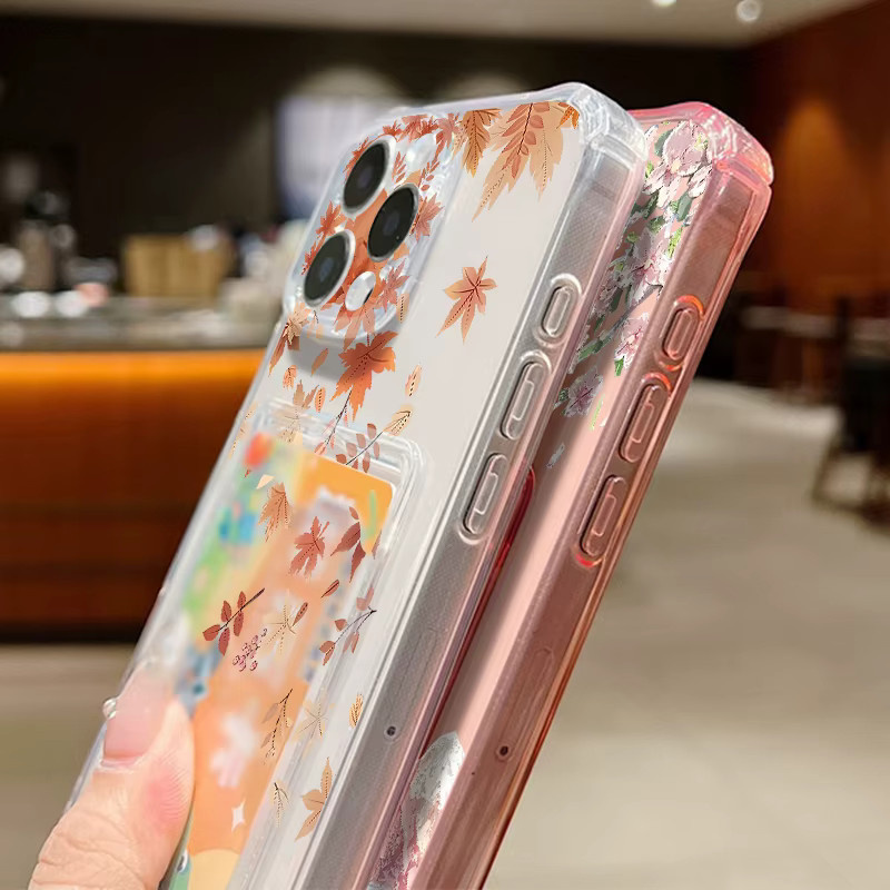 YISHANGOU TPU Handyhülle mit Ahornzweig-Blumenmuster und Kartenfach für iPhone 17 16 Pro Max 15 14 13 Pro Max, transparent - Bild 2