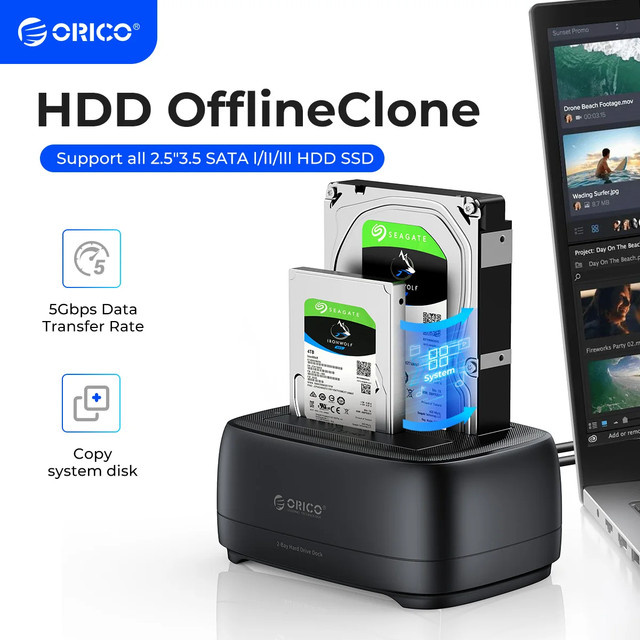 ORICO Offline-Klonen 3,5 Zoll Festplatten Dockingstation mit Dualschacht, USB 3.0 HDD Docking Station für SATA 2,5/3,5 Zoll HDD/SSD, Schwarz - Bild 1