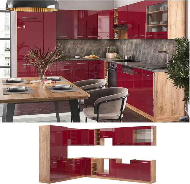 Vicco Fame-Line Eckküche in Bordeaux Hochglanz und Goldkraft Eiche, B/T/H: 347 x 257 cm - Bild 1