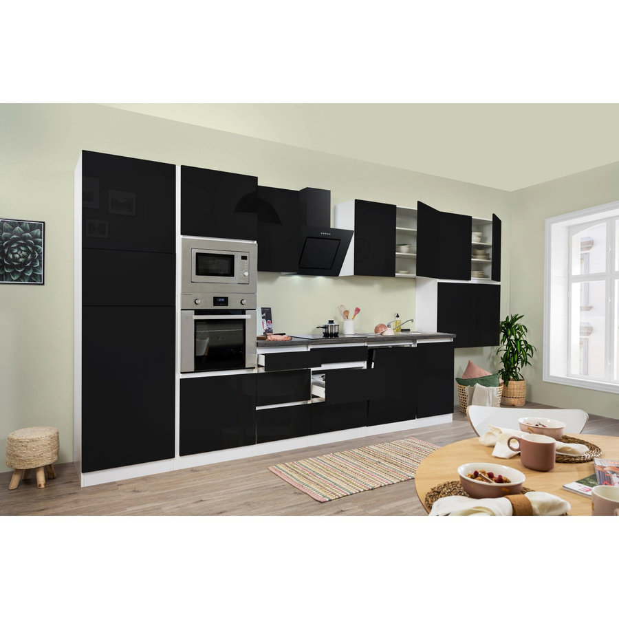Respekta Premium Küchenzeile modern grifflos in Schwarz Hochglanz und Weiß mit Granit-Optik, Breite: 445 cm, Höhe: 220,5 cm, Tiefe: 55,5 cm - Bild 2