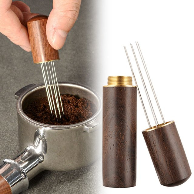 VIE LENTE Kaffeeverteiler mit 5 Nadeln und Holzgriff in Braun für Espresso und Barista-Zubehör - Bild 1