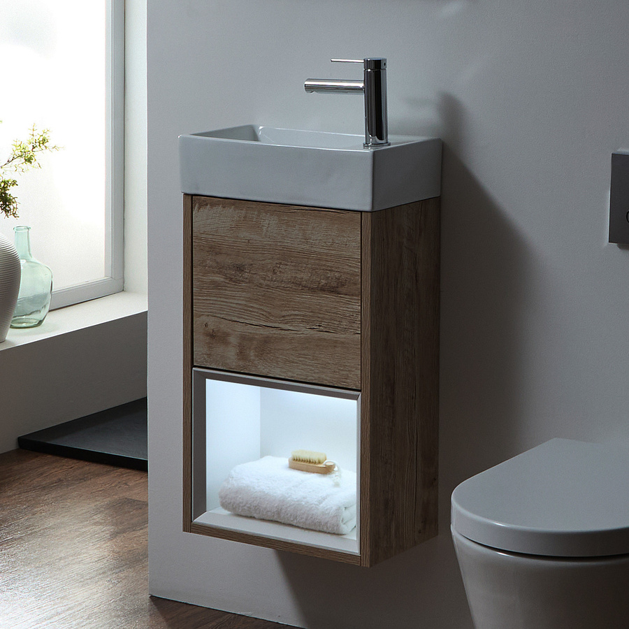 Hängender Waschtischunterschrank Hudson Reed mit Waschbecken und LED-Licht in Eiche matt - Bild 1