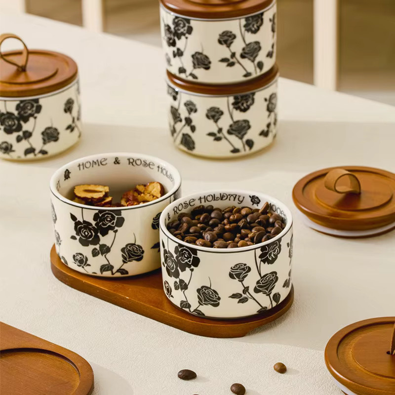 Luftdichtes Keramik-Vorratsglas mit Rosen-Design in Schwarz und Weiß, versiegelter Behälter für Tee, Kaffee oder Zucker - Bild 2