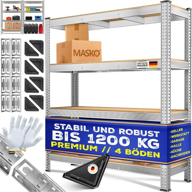 MASKO Schwerlastregal aus Metall mit MDF-Platten in Grau, B/T/H: 160 x 40 x 160 cm - Bild 1