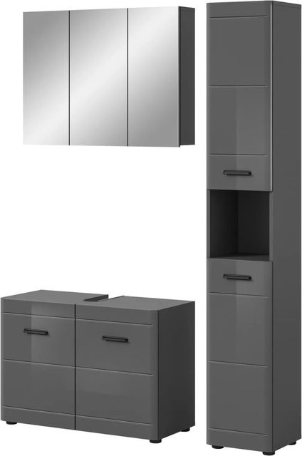 Inn.Furn Badmöbel-Set Grau Hochglanz mit Waschtisch, Spiegelschrank und Hochschrank, B/T/H: 125 x 34 x 190 cm - Bild 1