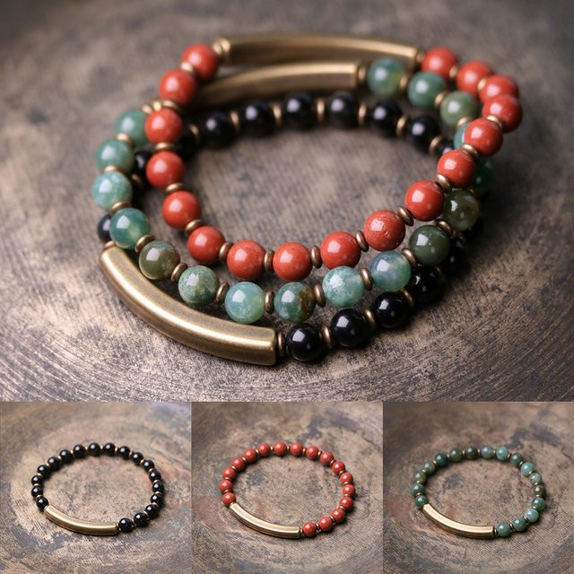 reikinn Armbänder, Kupfer, Roter Stein, Grüne Perlen, Schwarzer Obsidian, Damen - Bild 1