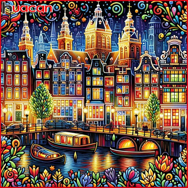 Huacan Diamantmalerei Nachtstadt-Gebäude Landschaft als Diamantstickerei in Multicolour, B/H: 20 x 20 cm - Bild 1