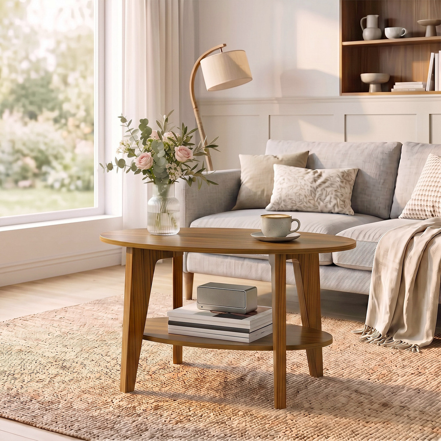 HOMCOM Ovaler Couchtisch in Eiche mit 2 Ebenen und offener Ablage, moderner Wohnzimmertisch für Wohn- oder Schlafzimmer, B/T/H: 80 x 50 x 45 cm - Bild 2