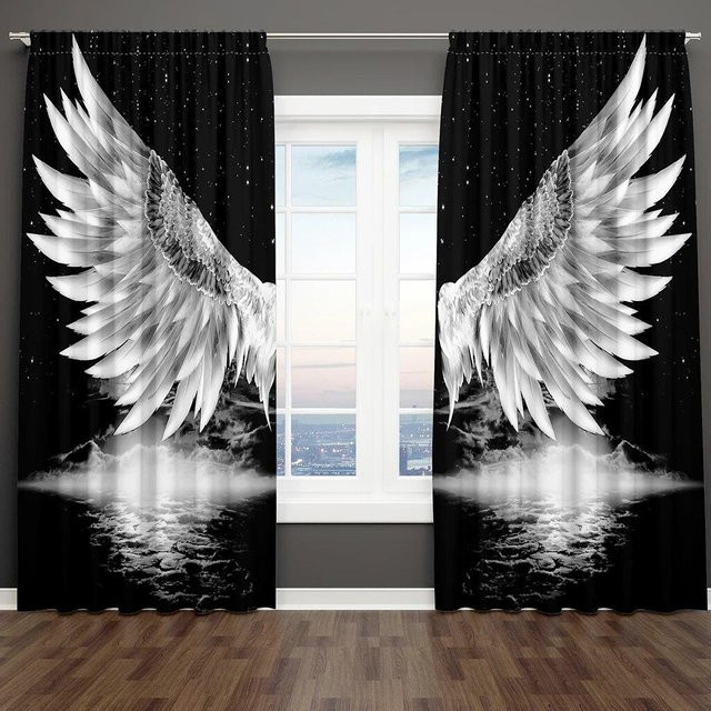 A Family Of Home Textiles Engelsflügel Fenstervorhang mit 3D-Digitaldruck, 2er-Set, Schwarz-Weiß, Breite: 85 cm, Höhe: 200 cm - Bild 1
