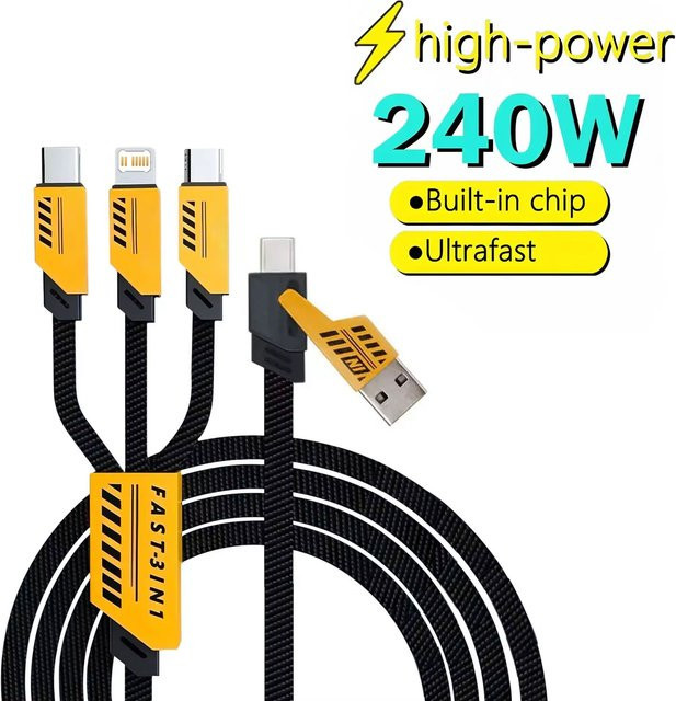 3 in 1 Multi-USB Schnellladekabel mit 240 W für USB-C und Micro-USB, Schwarz, Länge: 1,2 m - Bild 1