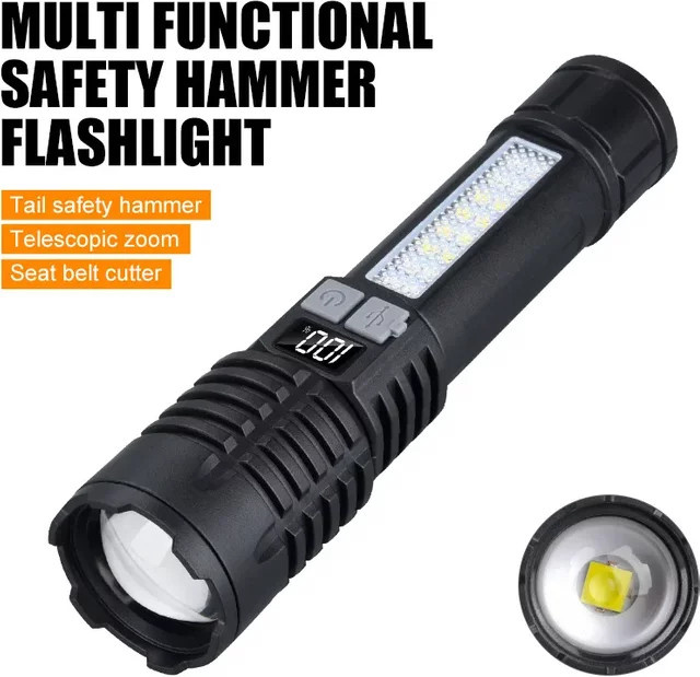 ESMARTER Multifunktionale LED-Taschenlampe in Schwarz mit COB-Warnlicht und Suchscheinwerfer, wiederaufladbar und tragbar für den Außenbereich - Bild 1
