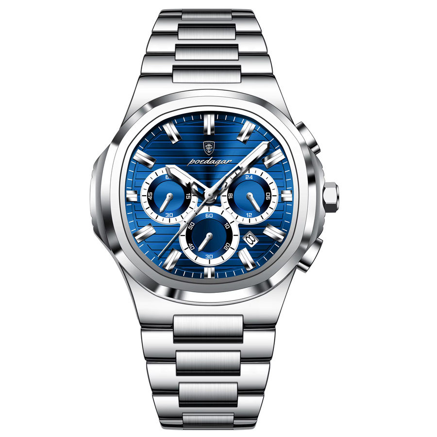 POEDAGAR Armbanduhr, Chronograph, Quarz, Edelstahl, Silber, Herren - Bild 7