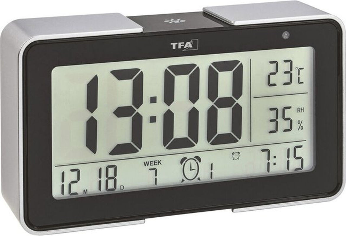 TFA Dostmann Melody Digital Funk-Wecker mit Beleuchtung, Thermometer und Hygrometer in Schwarz und Silber - Bild 1