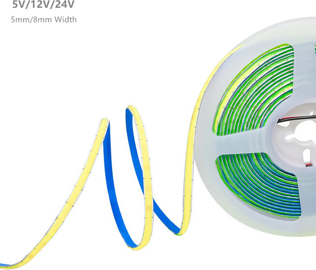 Dimmbares COB LED-Streifenlicht mit hoher Lichtdichte, 5m Länge, Breite: 5mm oder 8mm, CRI90, wählbar in 3000K, 4000K oder 6000K, verfügbar in 5V, 12V oder 24V - Bild 1