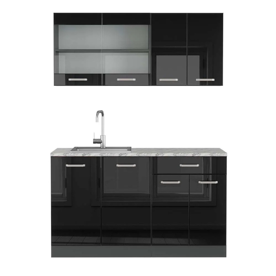 Vicco R-Line Singleküche Schwarz Hochglanz Anthrazit mit Marmor-Optik Breite: 140 cm - Bild 2