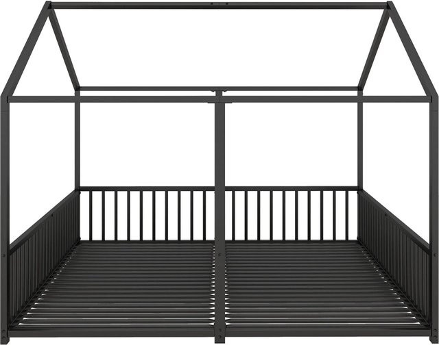 KOMHTOM Metallbett Kinderbett in Hausform mit Geländer und Leiter, Eisenrahmen, Schwarz, B/T/H: 90 x 200 x 186 cm - Bild 1