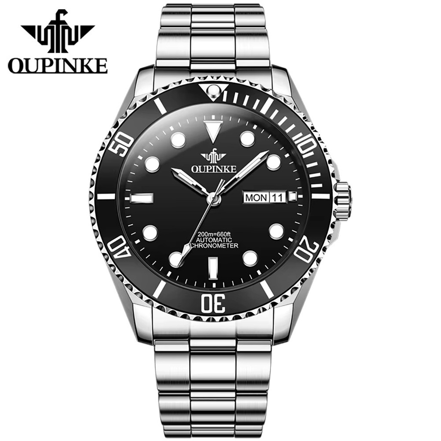 OUPINKE Armbanduhr Automatik, Edelstahl, 20 ATM, Herren, Schwarz, Silber - Bild 7