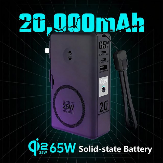 65 W GaN Powerbank mit 20000 mAh und 25 W magnetischem Qi2.2 kabellosem Schnellladegerät für iPhone, iWatch und Laptop, Schwarz, USB Typ C - Bild 1