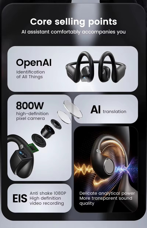 Lenovo 4K Smart-Kopfhörer mit 8MP-Kamera und Übersetzungs-Chat, In-Ear Sport-Ohrhörer mit WLAN und Bluetooth 5.4, Schwarz - Bild 3