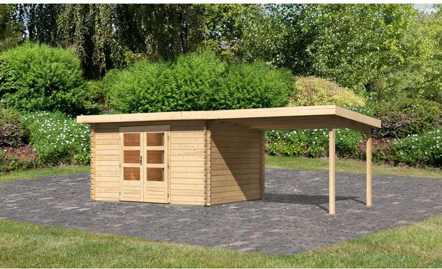 Karibu Holz-Gartenhaus Ängelholm in Natur Unbehandelt mit Blockbohlenbauweise B: 340 cm, T: 280 cm, H: 253 cm - Bild 1