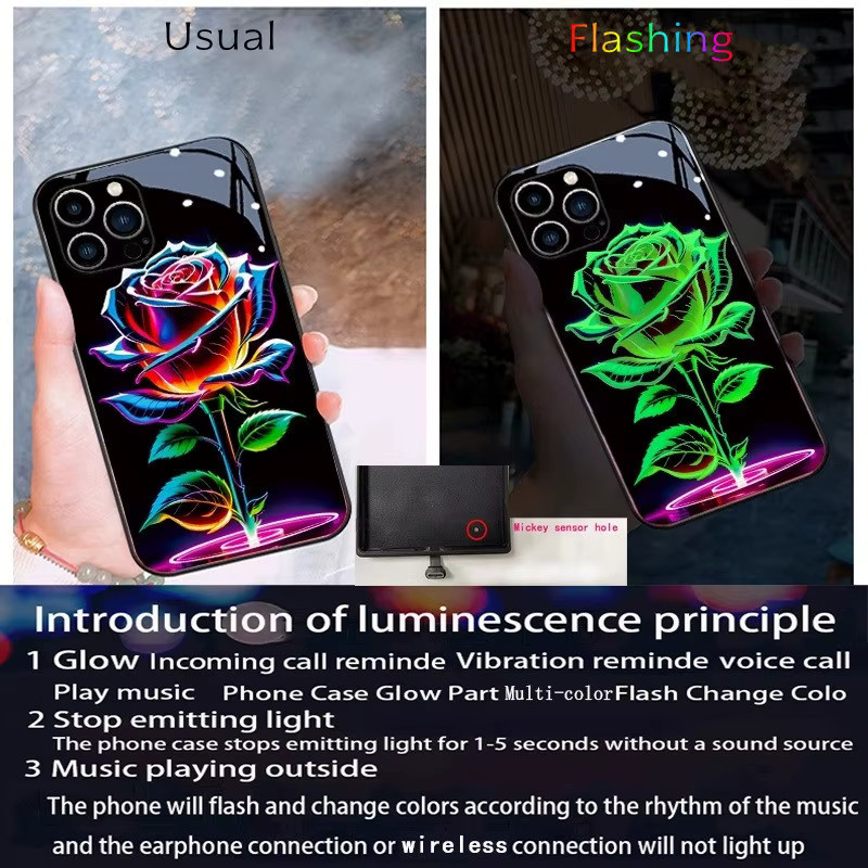 Sprachgesteuerte LED-Telefonhülle mit grünem Blatt- und Rosen-Design für Samsung Galaxy S25 S24 S23 S22 S20 FE Note20 Ultra und Z Fold 7 6 5 4 in Grün und Multicolour - Bild 3